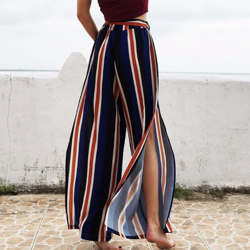 

Loose Style Summer Waist Long Pants Spring Leg 2020 Striped Wide Clothing High Women female Fashion Casual Holidays Pants New