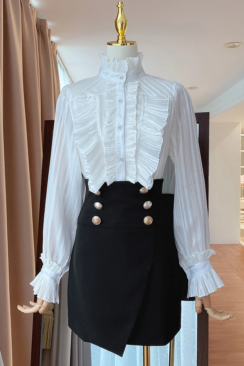 

Female High Street Retro Court Style Ruffled Stand Blouse Elegant Fashion Lantern Sleeves Shirt Edible Tree Fungus White Top