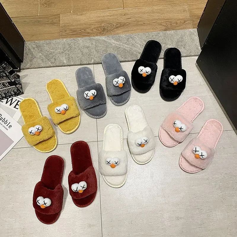 

2021 Fashion Cute Plush Slippers for Women Outside Wear Autumn and Winter Flat Bottom Comfortable Indoor Home Flip-flops
