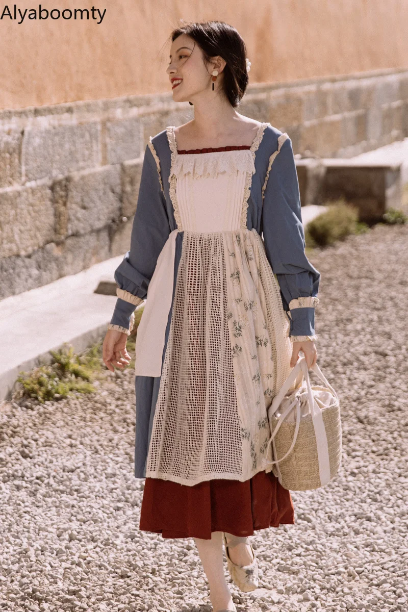 

Женское длинное платье для косплея Mori Girl, элегантное винтажное платье с оборками и цветочным рисунком, платье с рукавами-фонариками