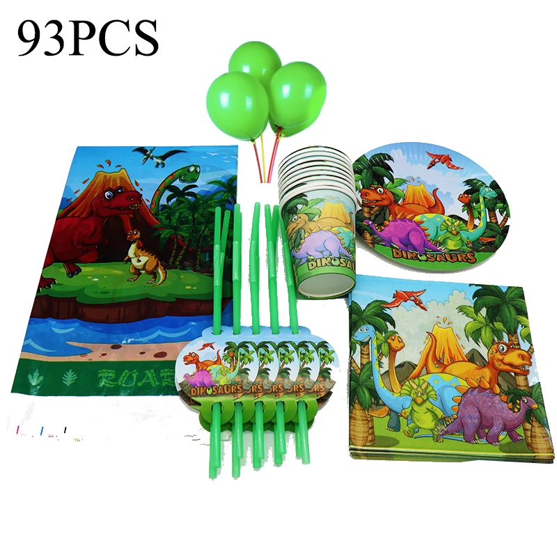 

93pcs Dinosaur Theme Birthday Party Tableware Set Plates Cups Napkins Tablecloths Straws Gift Bags Boy Birthday Supplies