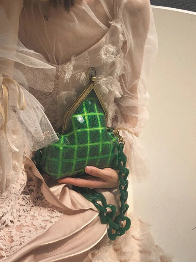 

Original vintage Women Bag Handbag Acrylic Thick Chain Clip Bags Green plaid Retro clutches Famous Brands Purses shoulder bag