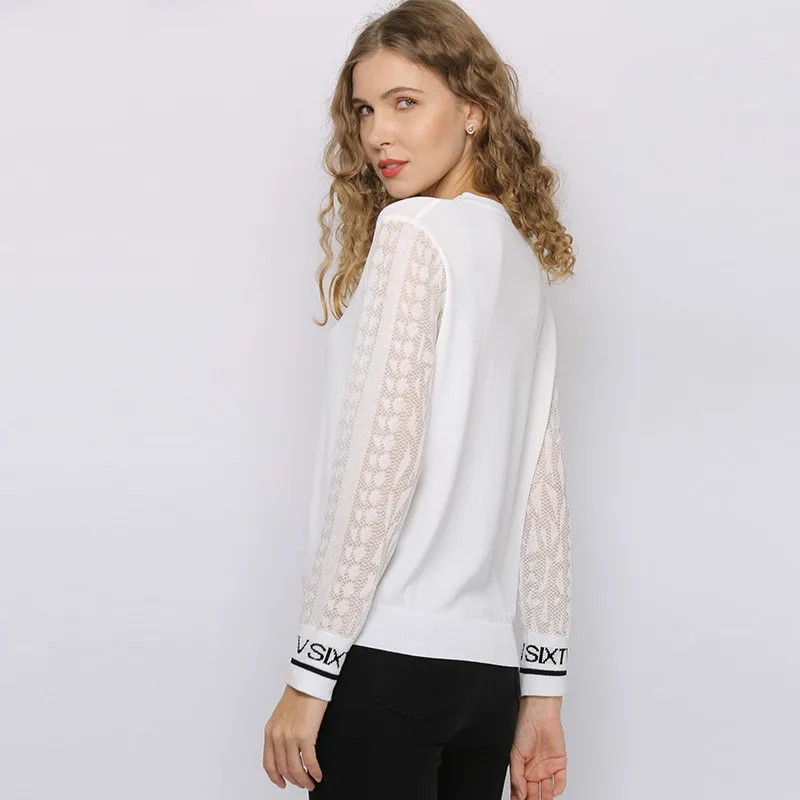 

Sweaters Women Clothing Stitching Chiffon Sleeves Spring Autumn Sweater Blouses O-neck Thin Women's Pullover Tops T20688