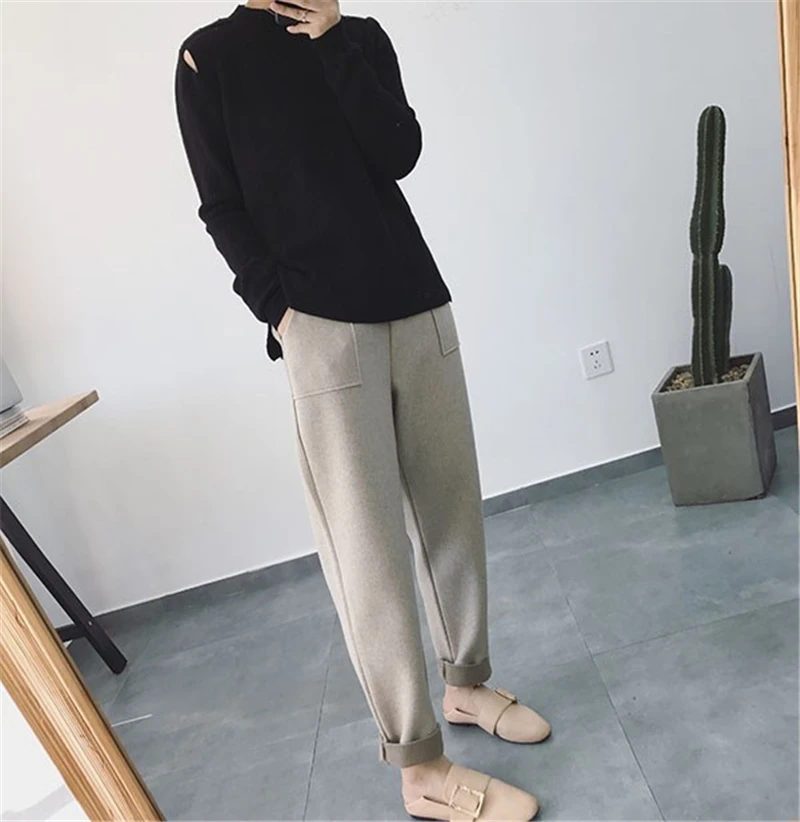 BGTEEVER Autumn Winter Thicken Pants Women Elastic Waist Pockets Woolen Female Pencil Pant Elegant Warm Trousers femme