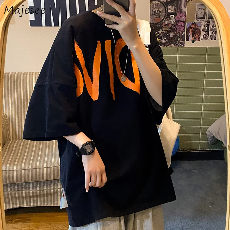 

Oversize T-shirts Men Letter Print Tops Hong Kong Style Loose Hip-pop Unisex Tshirt Short Sleeved Outwear Cozy M-4XL Tees Man BF