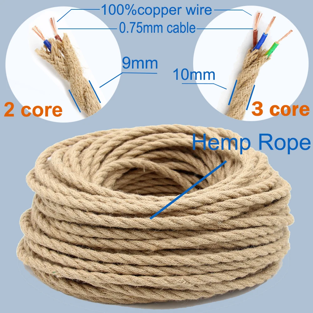

2 Core 3 Core Twisted Cable Hemp Rope Electrical Wire Retro Style Copper Vintage Lamp Cord Woven Textile Wire Pendant Light Cord