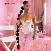 anjamanor pink purple houndstooth print corset crop top and pants 2 piece sets womens club outfits matching sets d15 bi32