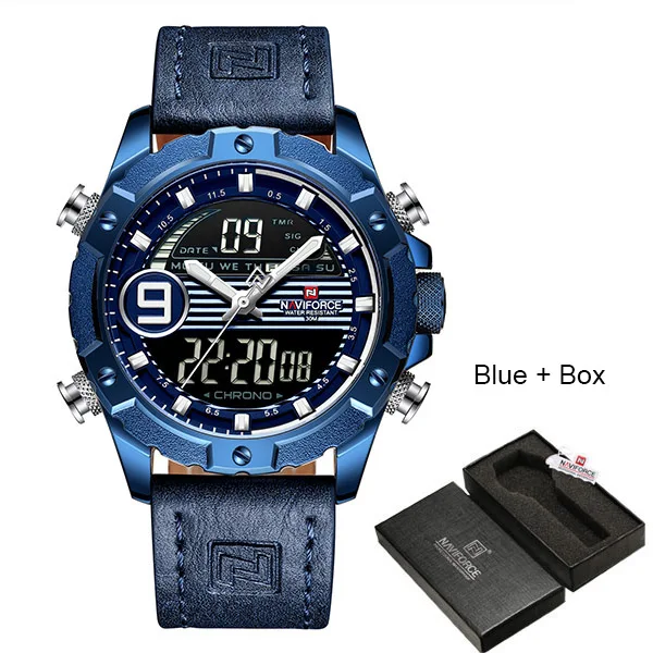 NAVIFORCE Reloj Hombre, наручные мужские часы, Лидирующий бренд, роскошные, натуральная кожа, кварцевые часы, спортивные часы, мужские Relogios Masculino - Цвет: Blue Box