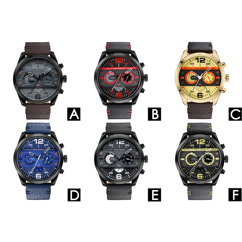 

MINI FOCUS Sport Top Brand Men's Watches Leather Band Luxury Quartz Wristwatches Week Display,Calendar Watch