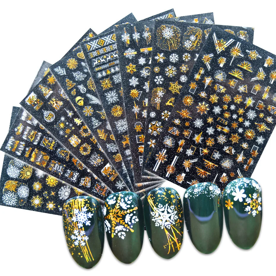 

1 Sheet New Year Nail Stickers Black Snow Gold Leaf Colorful Snowflake Designs 3D Sliders For Nail Decals DIY Manicure Decora