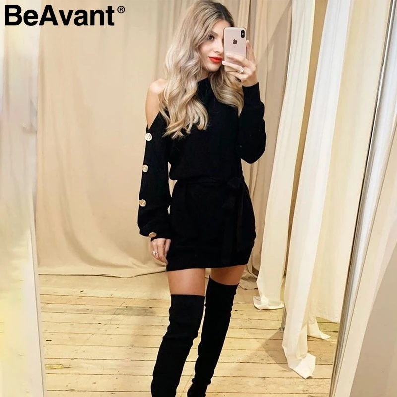 BeAvant Повседневный вязаный пуловер платье осень зима одна пуговицы на плечах