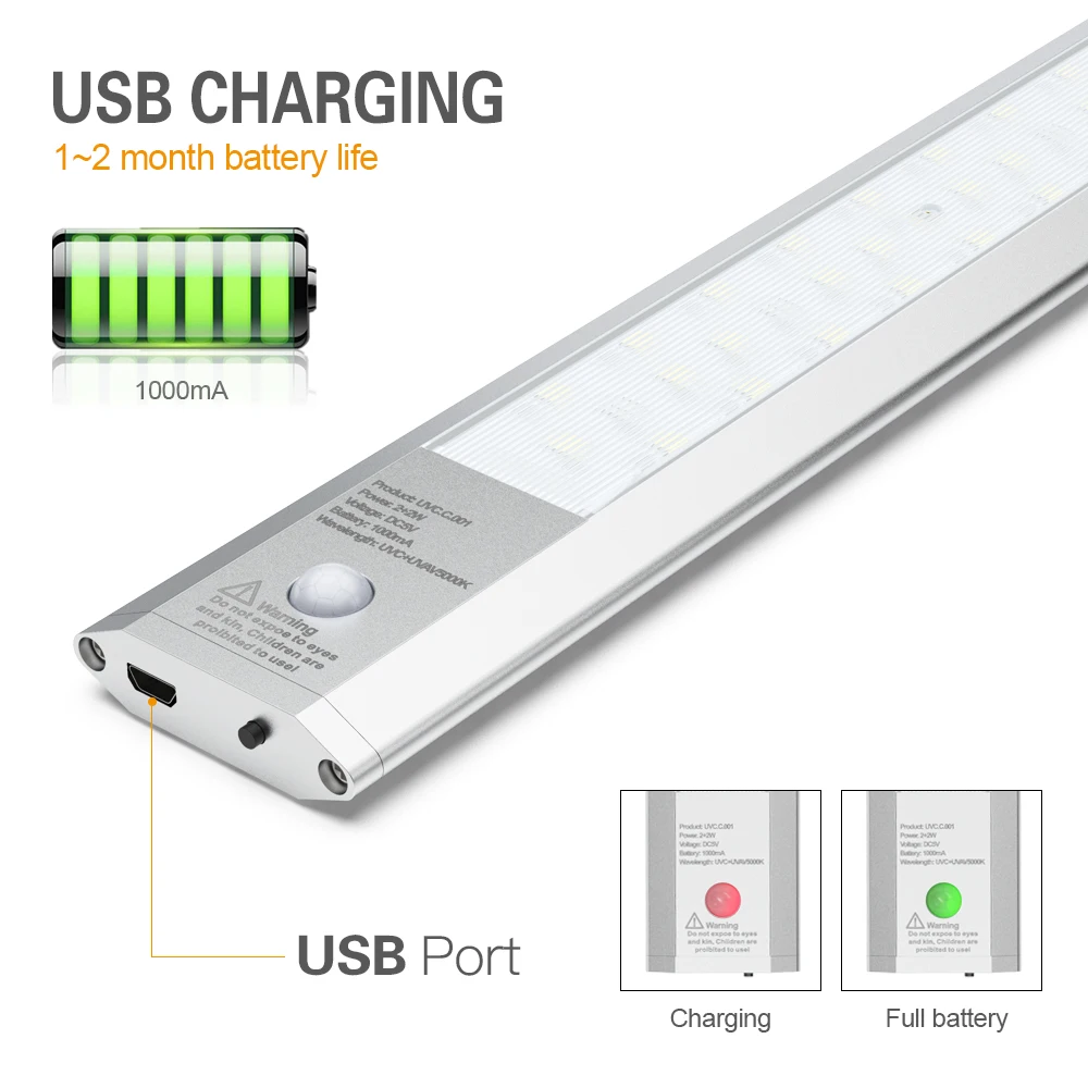 

Portable Germicidal UV Sterilization Lamp Wand Pir Motion Sensor Cabinet Light Usb Under Bed Light Led Closet Light 30 /60 CM