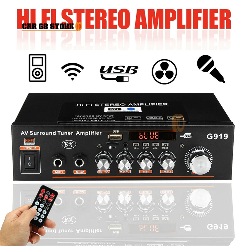 

600W 220V/12V Protable Bluetooth Amplifier Mini HIFI Audio Stereo Power 2 CH AMP Audio Player Car Home With Remote Control