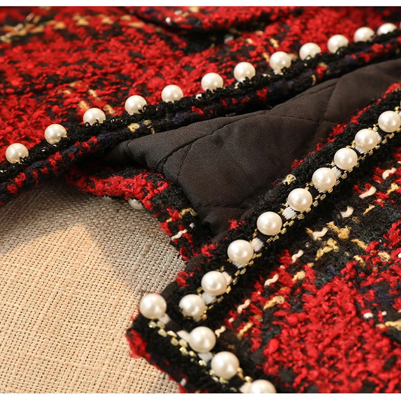 

HARLEYFASHION French New Autumn Women Elegant Plaid And Decoarted Pearls Tweed Short Jacket High Quality Small Fragrance Jacket