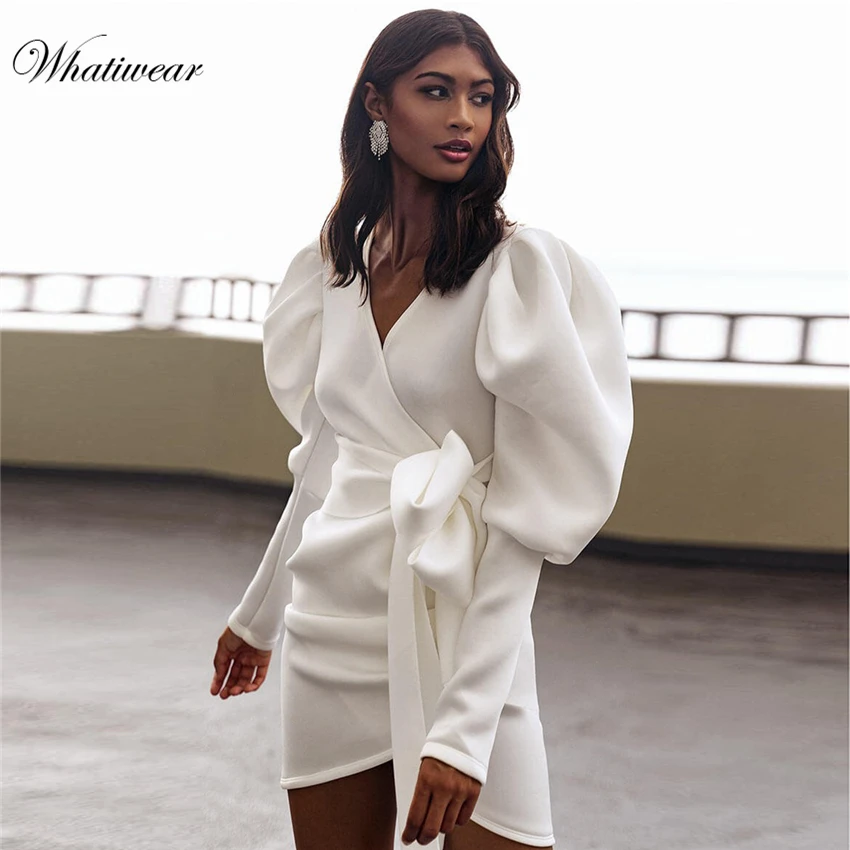 Whatiwear 2019 Puff sleeve women shirt Tie Up white v neck tops Autumn Elegant office lady streetwear blusas shirts | Женская одежда