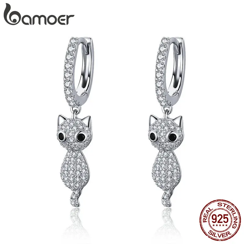 BAMOER, 925 пробы, серебряные, милые, кошачьи, хрустальные, киска, ослепительные, кубический циркон, висячие серьги для женщин, Стерлинговое Серебро, ювелирное изделие SCE519