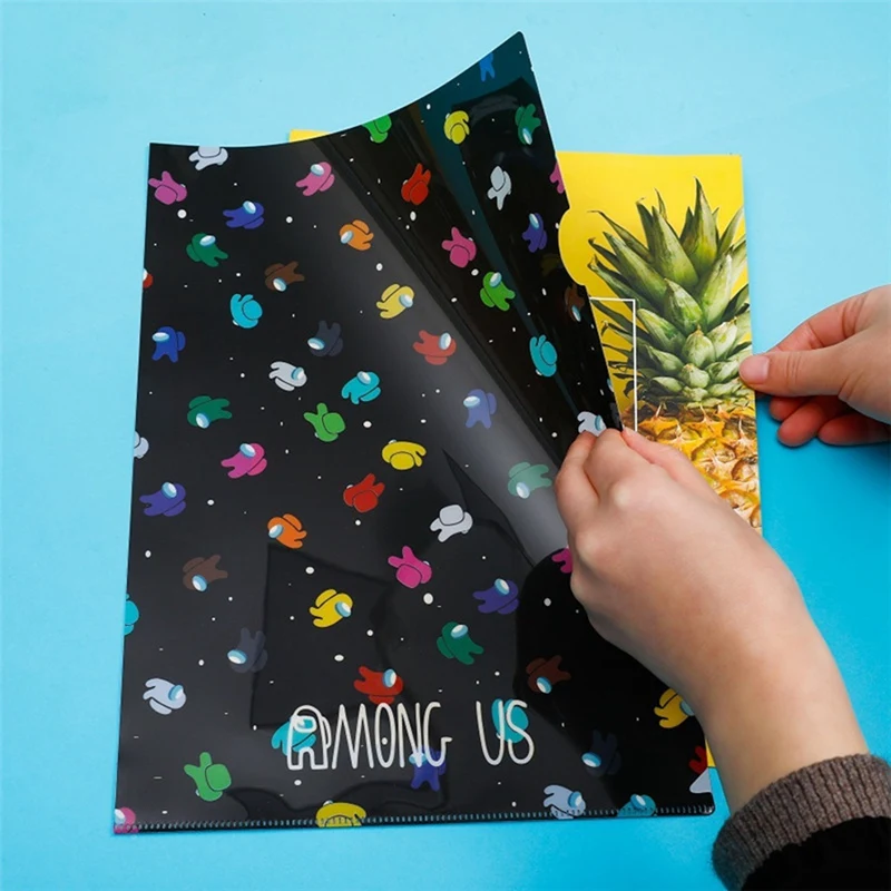 

Hot Game Among Us PVC A4 File Holder Cute Cartoon Figures Printed L-shape Student Test Papers Documents Storage Bag