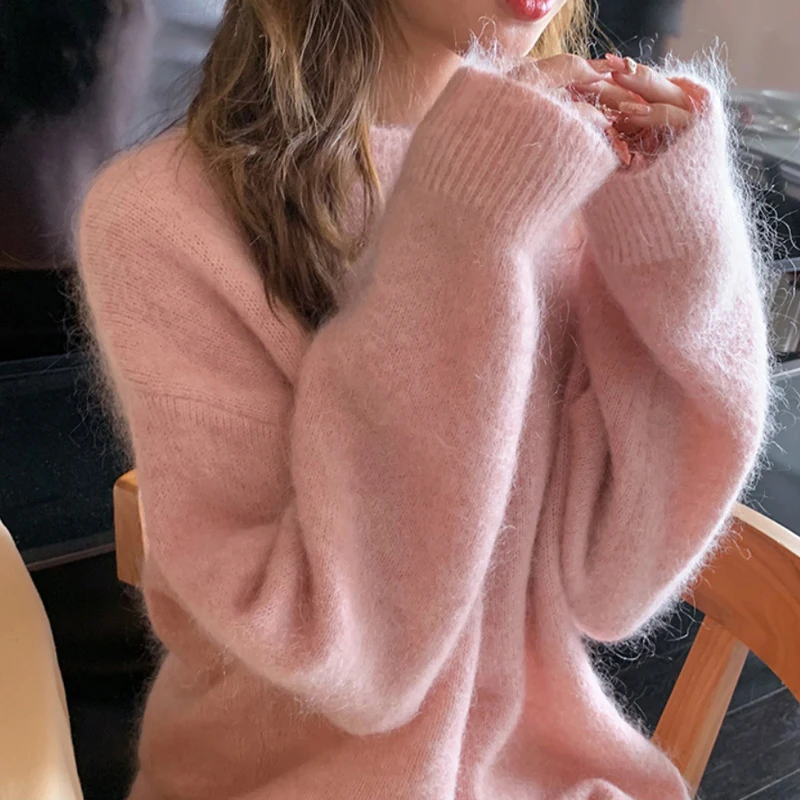 

2021 Women Pink Sweater Cashmere Winter Wool Mohair Velvet Fleece Soft Casual Thick Pullover Warm Loose Sweaters
