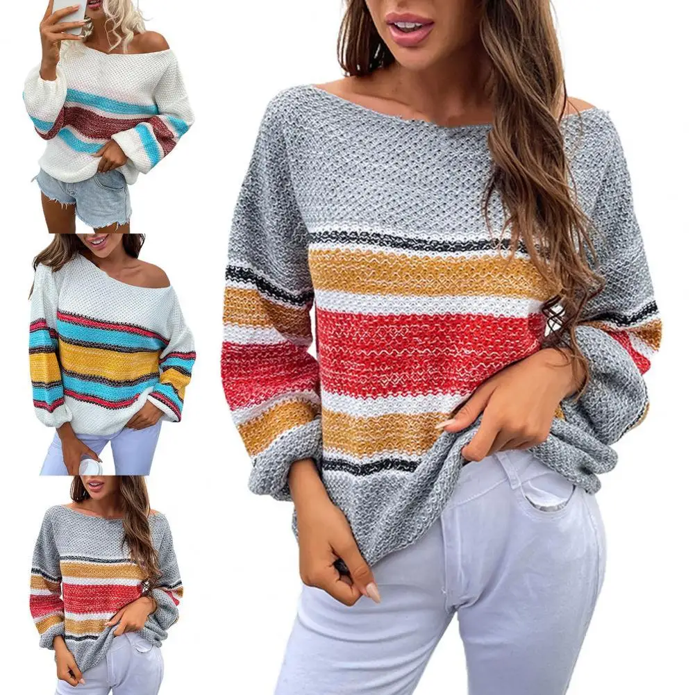 

Women Fashion Casual Knitted Sweater Boat Neck Rainbow Striped Elastic Lantern Long Sleeve Sweater for Party Streetwear Dating