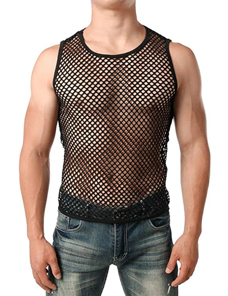 

Men's Mesh Sheer T-shirt Gym Training Sleeveless Tops Sexy Fish Net Muscle Tee Clubwear M-XXL