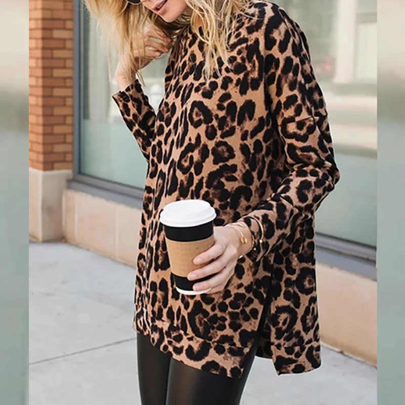 

Женский винтажный пуловер с длинным рукавом, элегантный свободный Свитшот оверсайз с круглым вырезом и леопардовым принтом зебры, уличная ...