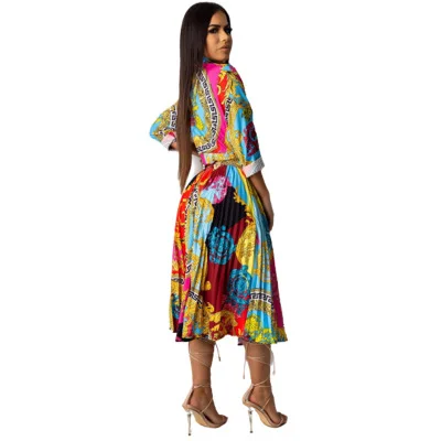

Women Dress 2020 Vintage Sexy A-line Dresses Chic Print Turn-down Collar Elegant Pleated Bodycon Midi Dress Vestidos