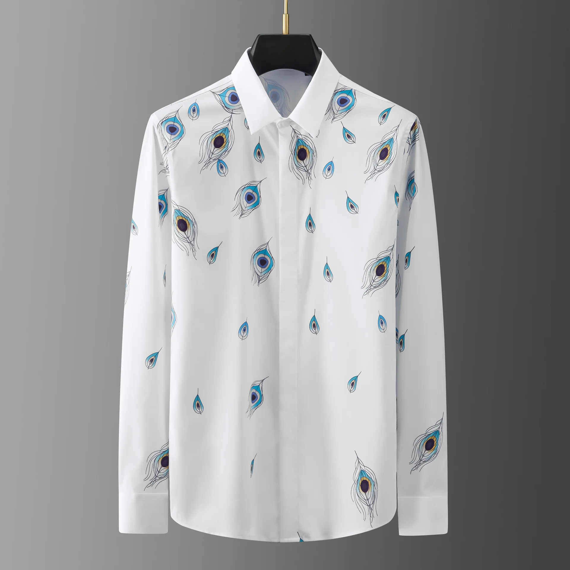 

2021 Peacock Feathers Digital Printing Male Shirts Luxury Long Sleeve Casual Mens Dress Shirts Fashion Slim Party Man Shirts