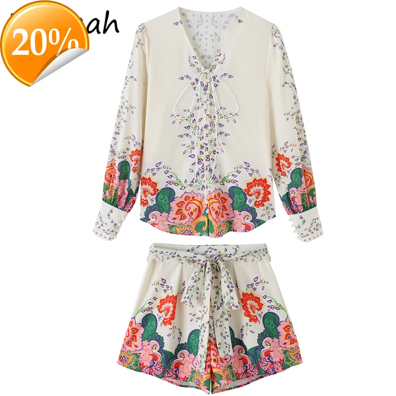 

New 2021 Summer Women Fashion Runway Shorts Dress Lateral Coal Printing Blouses + High waist shorts 2 Two pieces of
