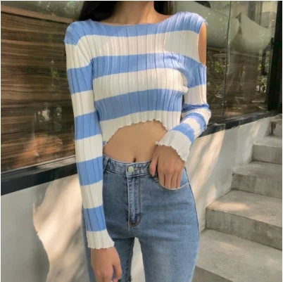 light blue Kendall Jenner/классические простые черно-белые рубашки в полоску с длинными рукавами, популярные женские топы - Цвет: light blue