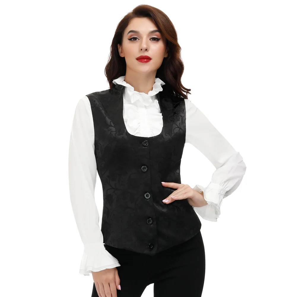 

Women Jacquard Vest Coat Sleeveless Stand Collar U-Neck Button Placket U-neck Jacquard Waistcoat Lining Button Square Buckle