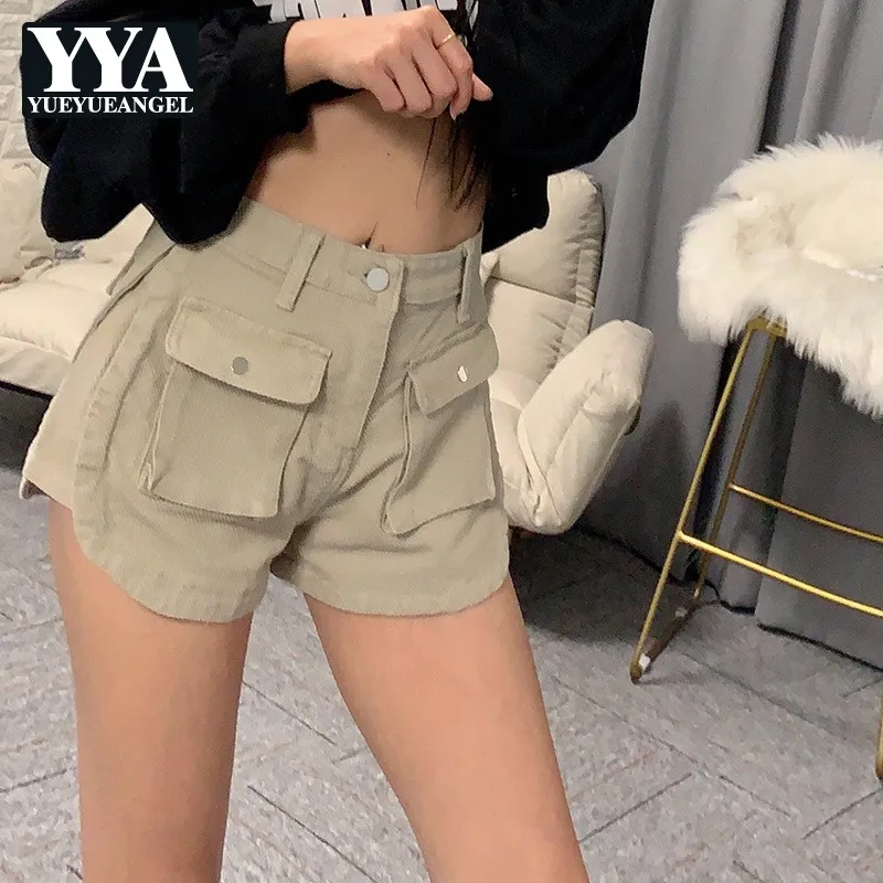 

Women Casual A-Line Denim Shorts Summer Street Pocket High Waist Wide Leg Shorts Vintage Green Black Hotpants Female S-XL