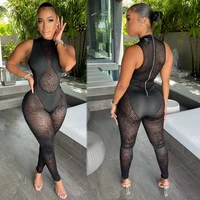 sexy women jumpsuit sheer mesh see through party night clubwear sleeveless long romper women jumpsuit overalls