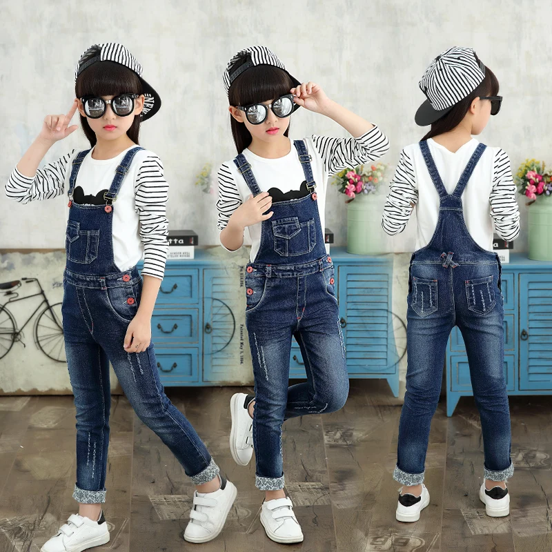 Детский джинсовый комбинезон для девочек повседневный кружевной синего цвета с