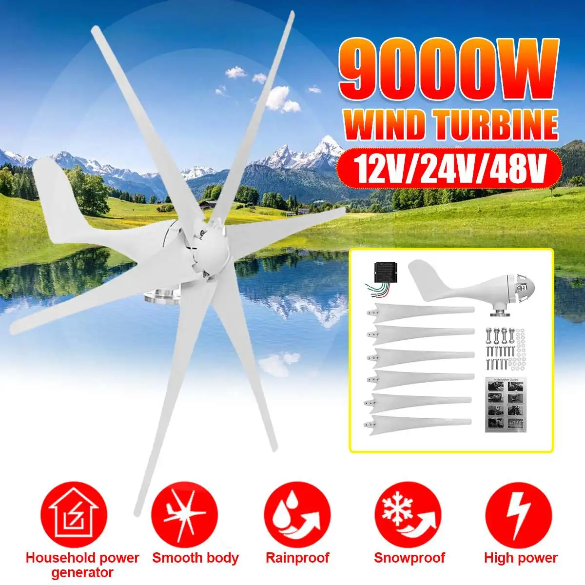 

Ветряная турбина с 6 лопастями из нейлонового волокна, 9000 Вт, 12 В, 24 В, 48 В, генератор горизонтальной мощности, ветряная мельница, энергетическ...