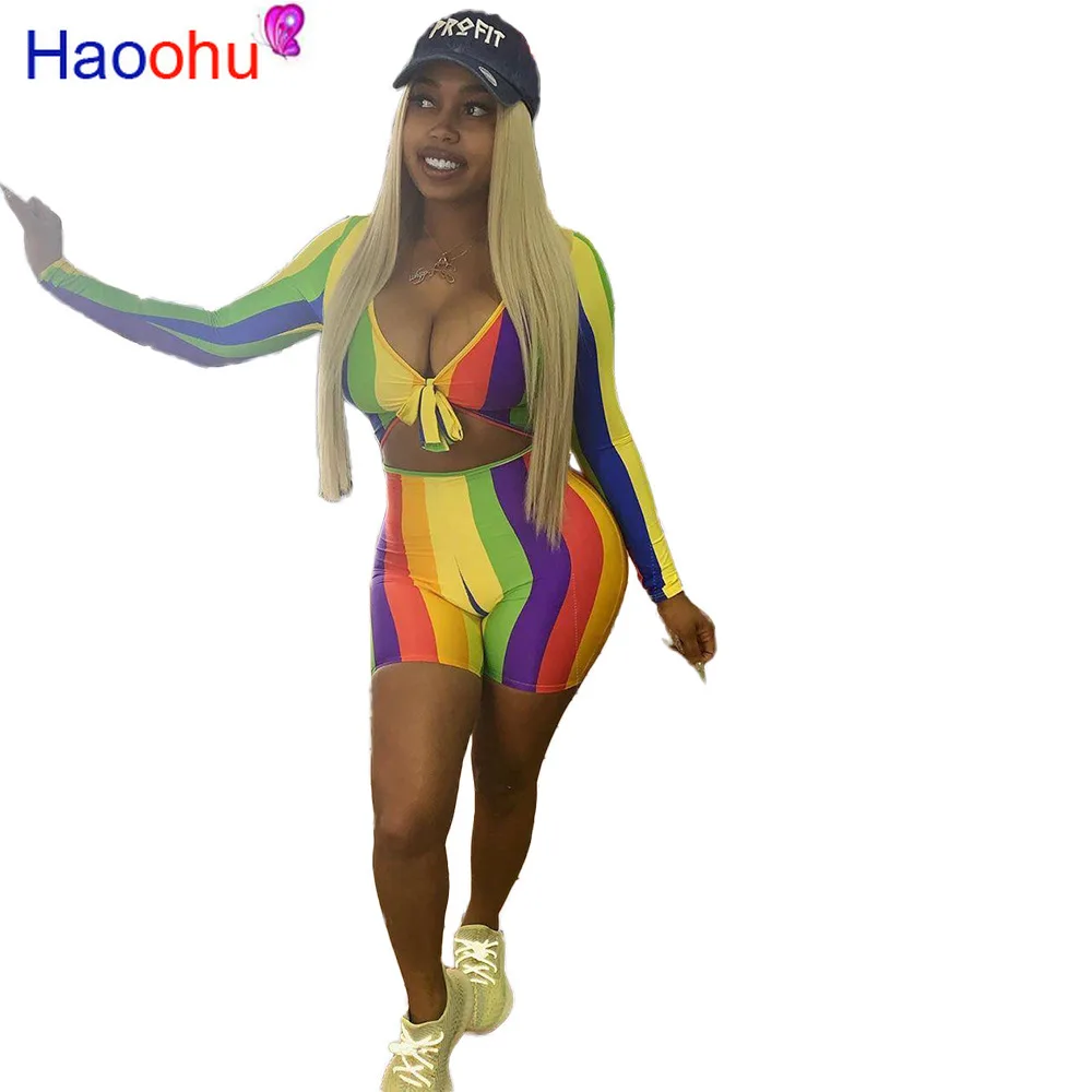 HAOOHU Радужный Полосатый Сексуальный комплект из двух предметов бандажный