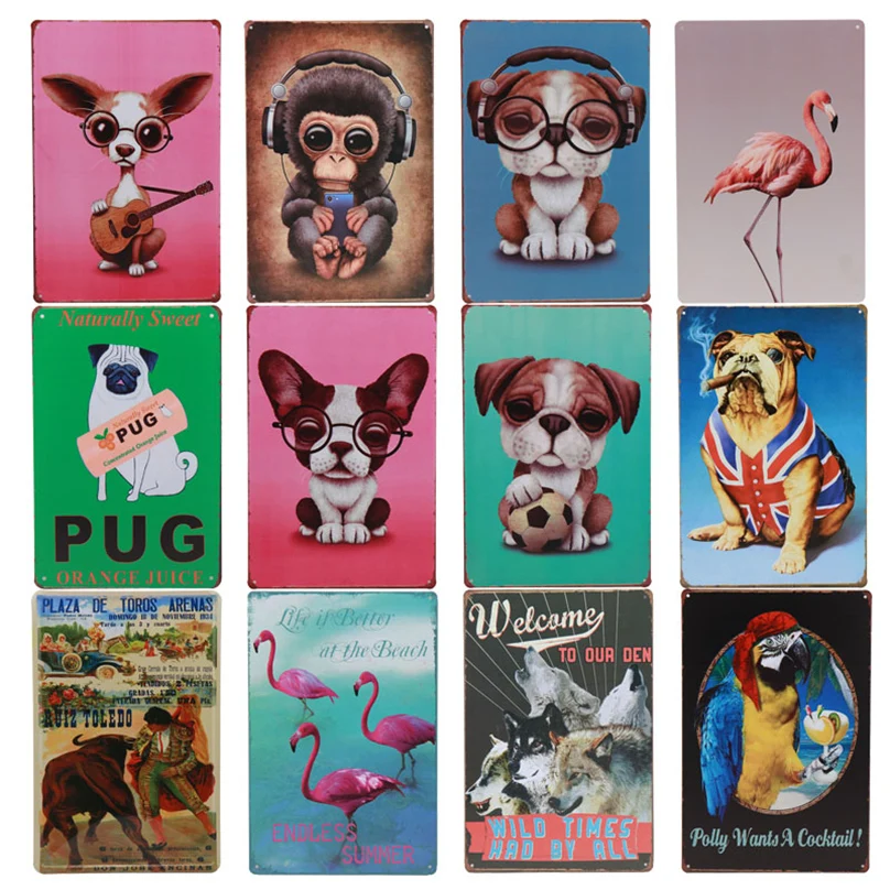 

Lovely Flamingo Pug Pets Dog Tin Sign Vintage Plaque Iron Painting Wall Decor Board Retro Pub Cafe Bar Funny Metal Tin Poster