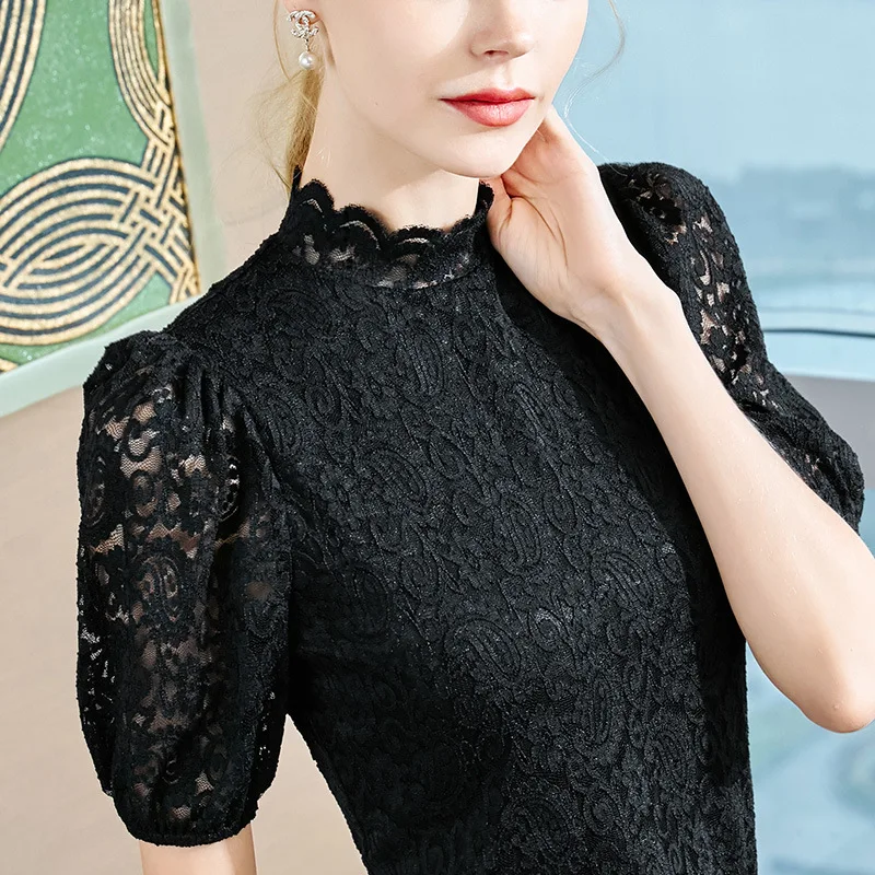 

Short sleeve lace shirt small stand collar Europe 2020 summer new style foreign style small shirt sexy hollow lace top