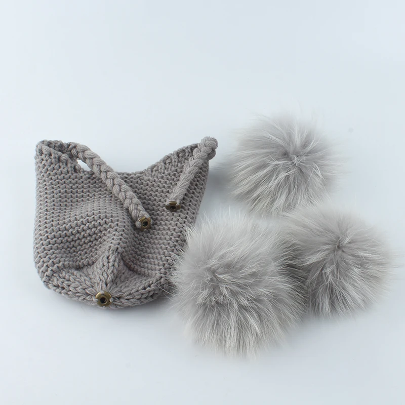 Детская шапка с помпонами теплые вязаные шляпы настоящим мехом для детей зимние