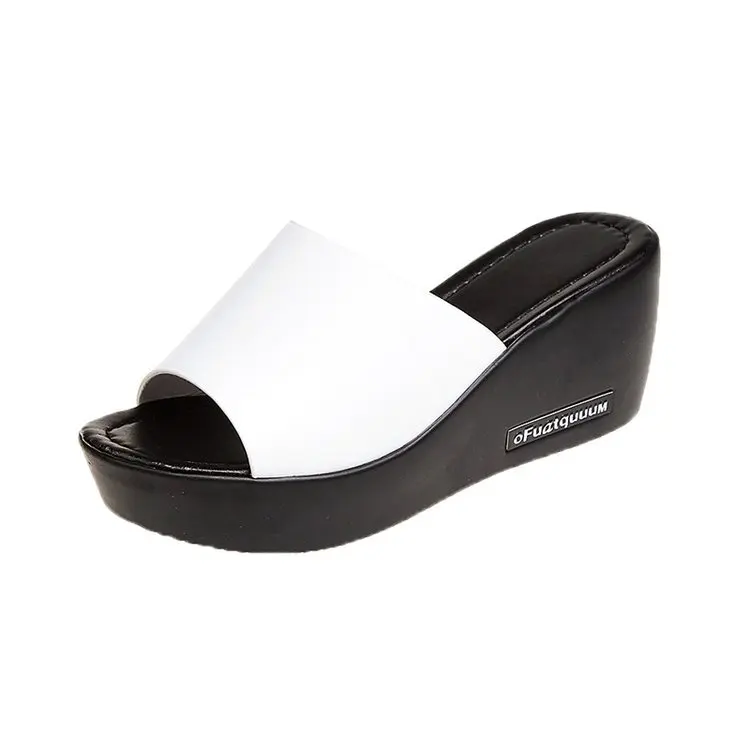 

Casual Women Fish mouth Platform High Heels Sandals Slope Sandals Slippers Simple Black white shoes Wedge Leather Casual Shoes