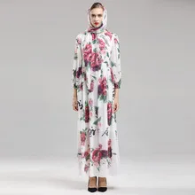 

High Quality Autumn European and American Women's Floral Print Trumpet Sleeve Round Neck Slim Fit Dress