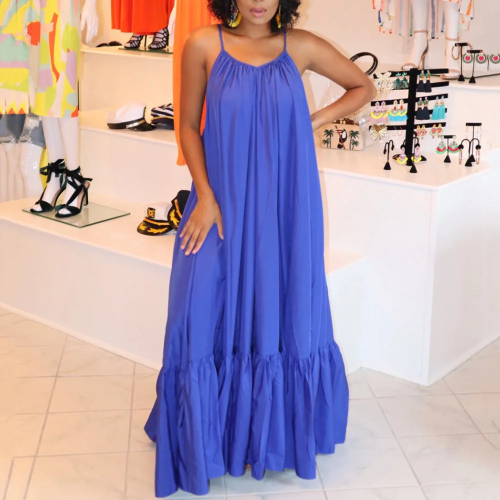 

Oversize 5XL Summer Long Beach Dress Women 2020 African Sexy Orange Casual Plus Size Strap Maxi Dresses Loose Ruffles Sundress