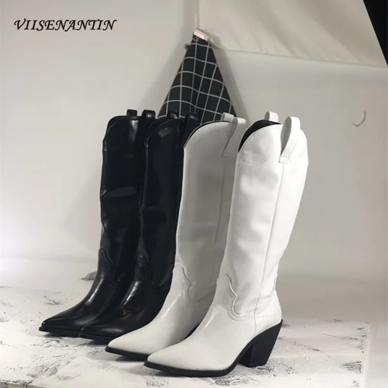 

Pointed Thick Heel Martin Boots Sexy Personality Thick-soled High-heeled Leather Boots Wild West Cowboy Boots Black Plus Velvet