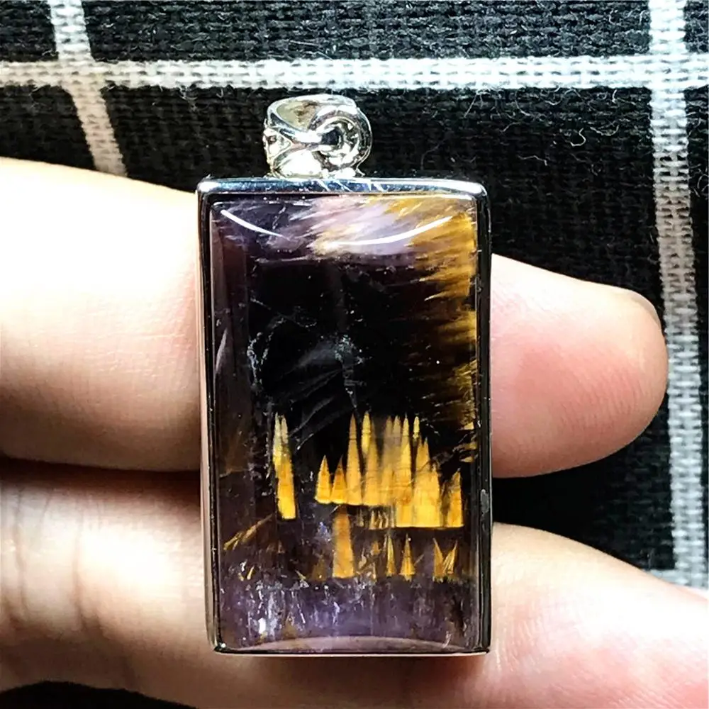 

Natural Purple Gold Rutilated Quartz Pendant Jewelry For Women Man Silver Luck Crystal 23x12mm Rectangle Beads Gemstone AAAAA