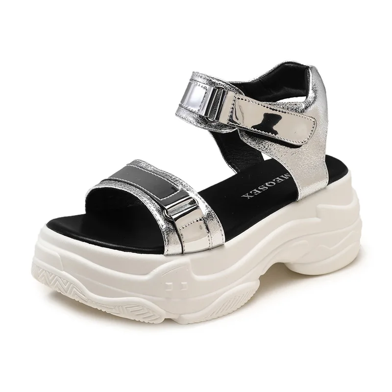 

Platform Women's Sandals PU Leather Silver Casual Fashion Hook&Loop Ladies Shoes Wedge Sandals Women Beach Shoes