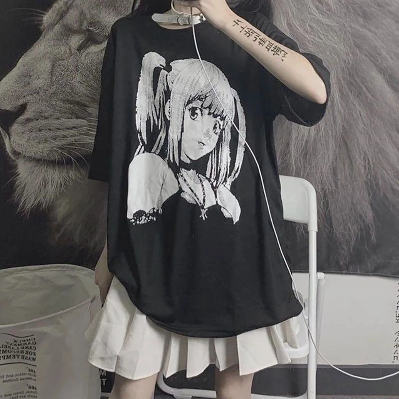 

QWEEK Manga Anime Print T-shirts for Women Japanese Style Black Oversized Graphic T-shirt Mall Goth Tops 2021 Dark Academia