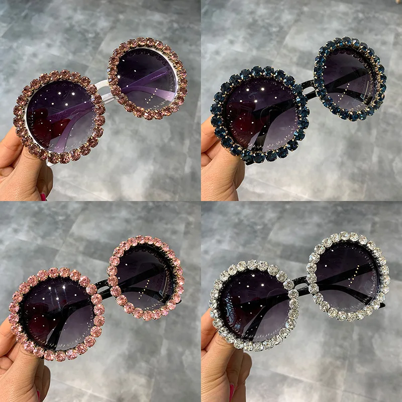 

2021 New Hot sales custom logo private label fashion round luxury shades bling diamond sunglasses crystal women trendy