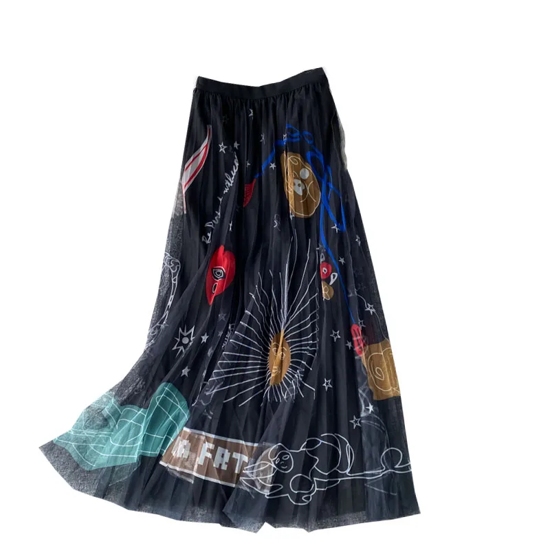 

Summer High Waist Long Mesh Skirt 2021 Print Skirts Slim Elastic Waist Women Casual Tulle Pleated Boho Female Midi Skirt