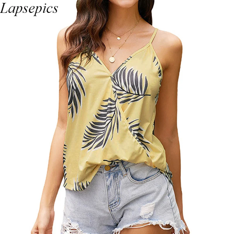 

Майка женская с V-образным вырезом, пикантный Элегантный Модный Топ без рукавов, с принтом листьев, жилет на бретелях-спагетти, топы