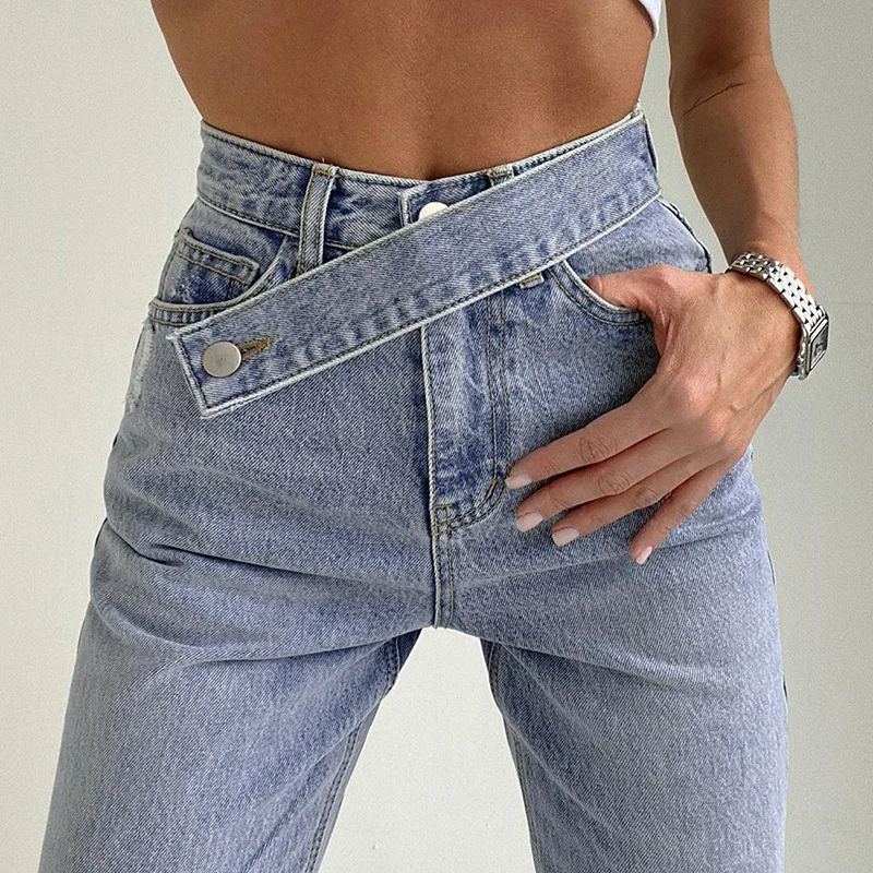 

Y2K Style Summer Women's Trousers Design Feeling Inclined Belt High Waist SLlm Stralght Jeans Street Casual Jeans Free Shipping