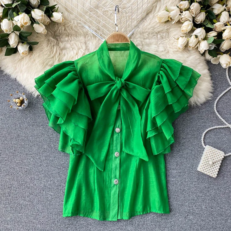 

Fashion Cascading ruffle bow tie blouse office ladies High street female short pile up sleeve tops women camisas femininas 1T115